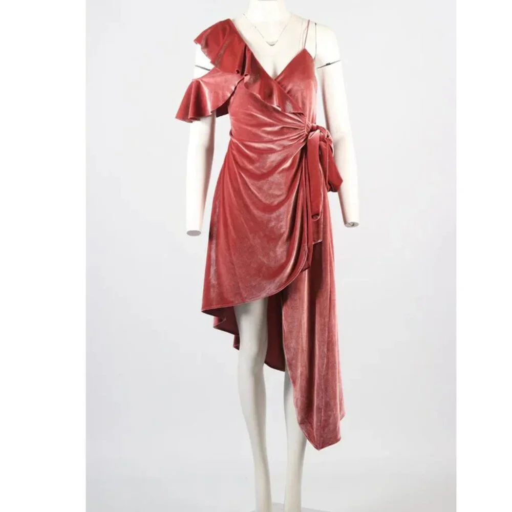 💥BREATHTAKING!💥RARE! Self Portrait Devore Blush Velour Asymmetrical Dress - Picture 6 of 15